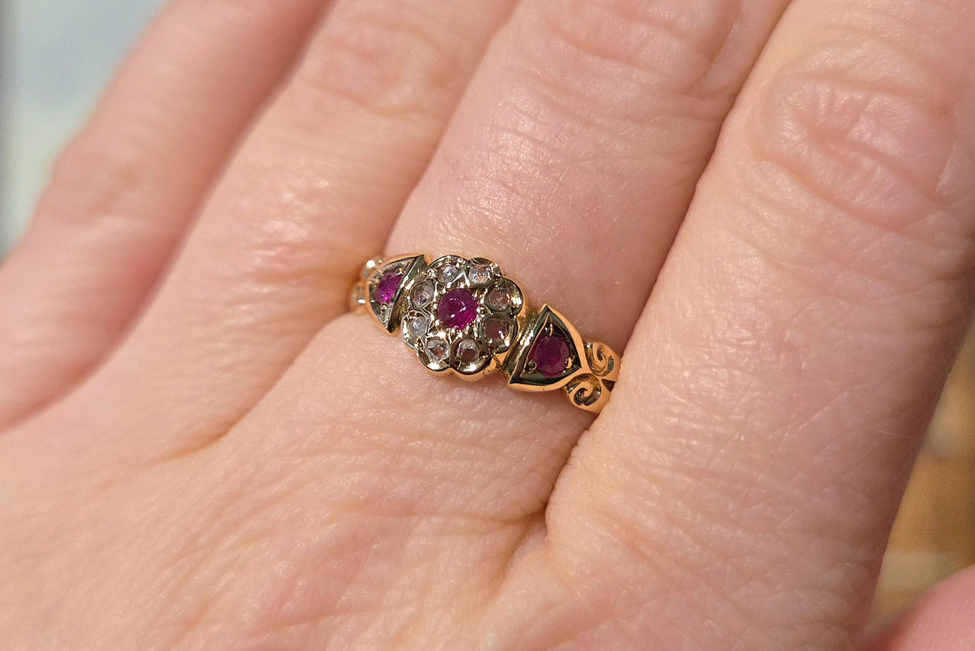 Edwardian ruby and rose cut diamond cluster ring from 1906