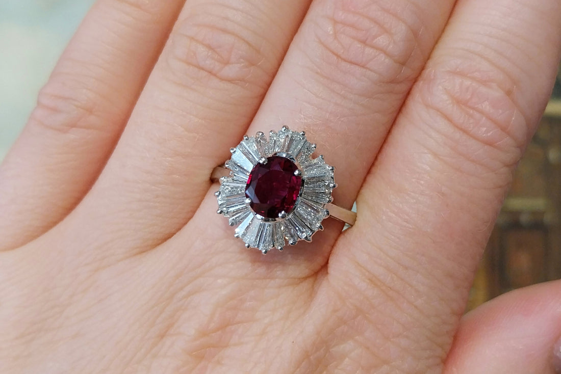 Baguette diamond and ruby ring in white gold