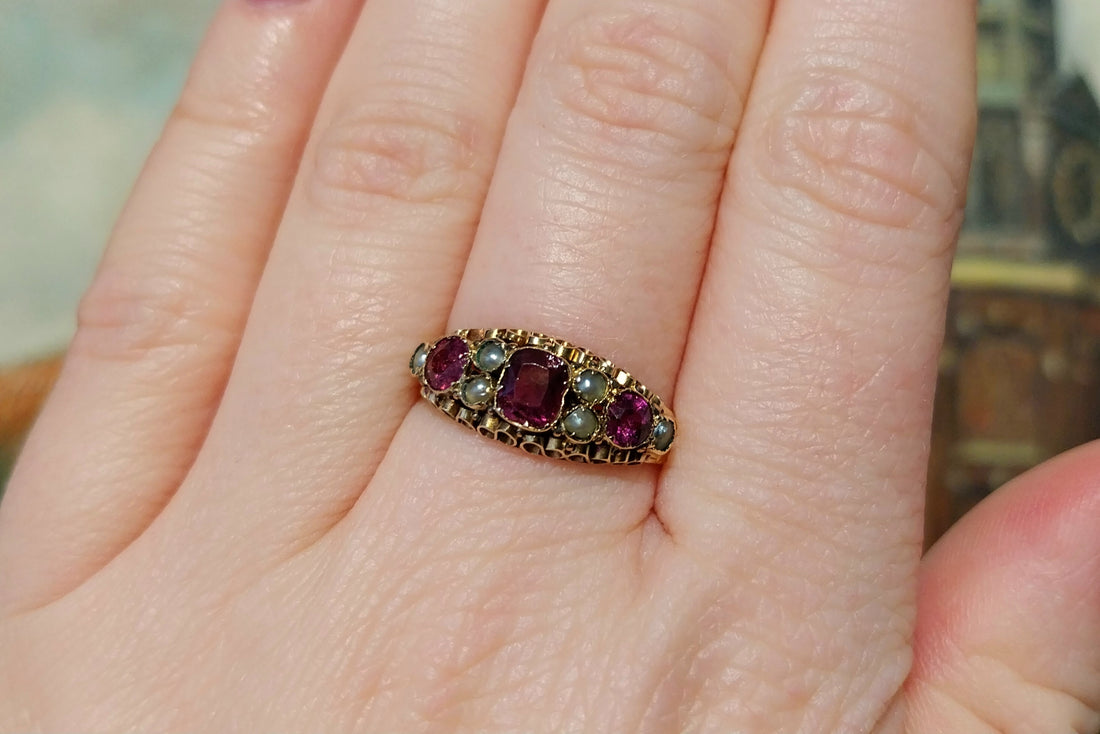 Victorian garnet and pearl ring from 1872-Antique rings-The Antique Ring Shop