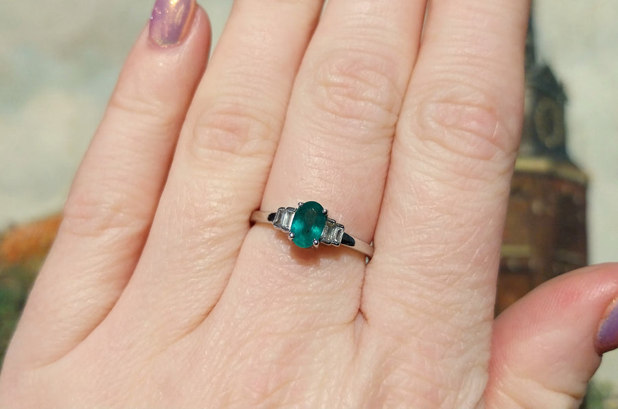 Emerald and diamond ring in white gold-engagement rings-The Antique Ring Shop