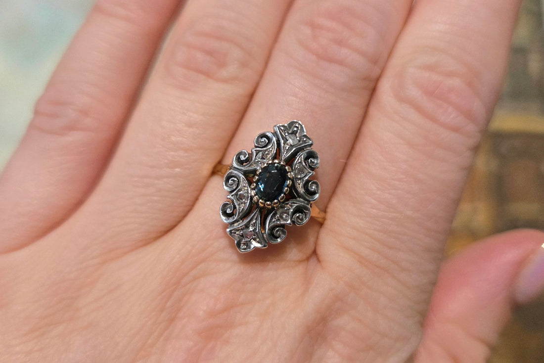 Sapphire and rose diamond ring in silver and gold-Vintage Rings-The Antique Ring Shop