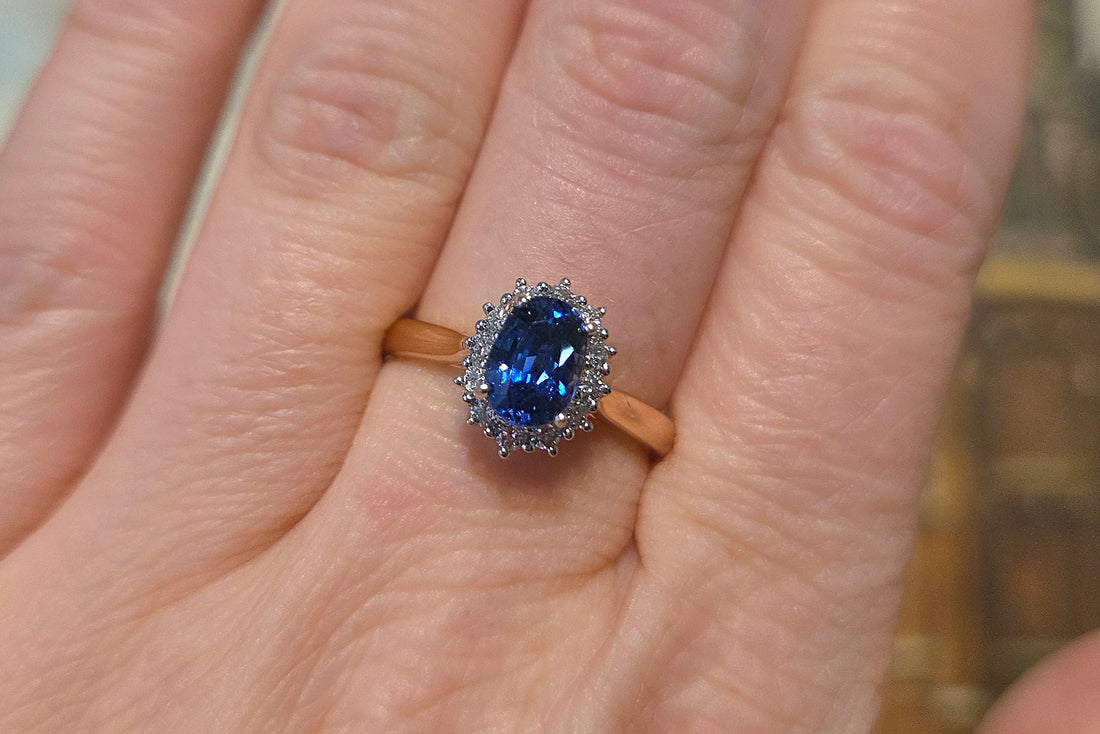 Sapphire and diamond cluster ring in 18 carat gold