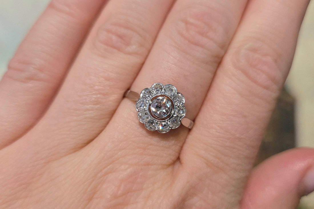 Old cut diamond cluster ring in white gold-engagement rings-The Antique Ring Shop