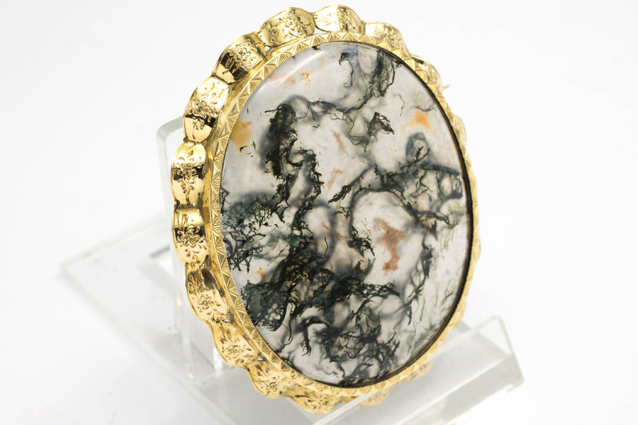 Moss agate brooch in 14 carat gold.-Brooches-The Antique Ring Shop, Amsterdam