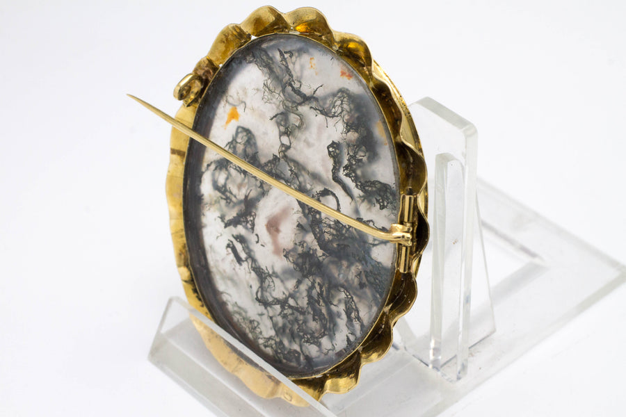 Moss agate brooch in 14 carat gold.-Brooches-The Antique Ring Shop, Amsterdam