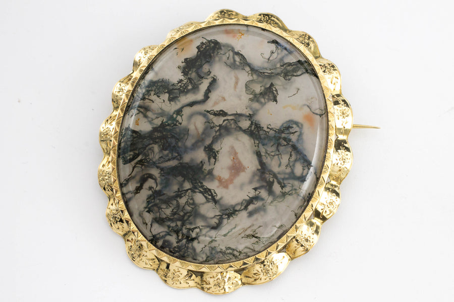 Moss agate brooch in 14 carat gold.-Brooches-The Antique Ring Shop, Amsterdam