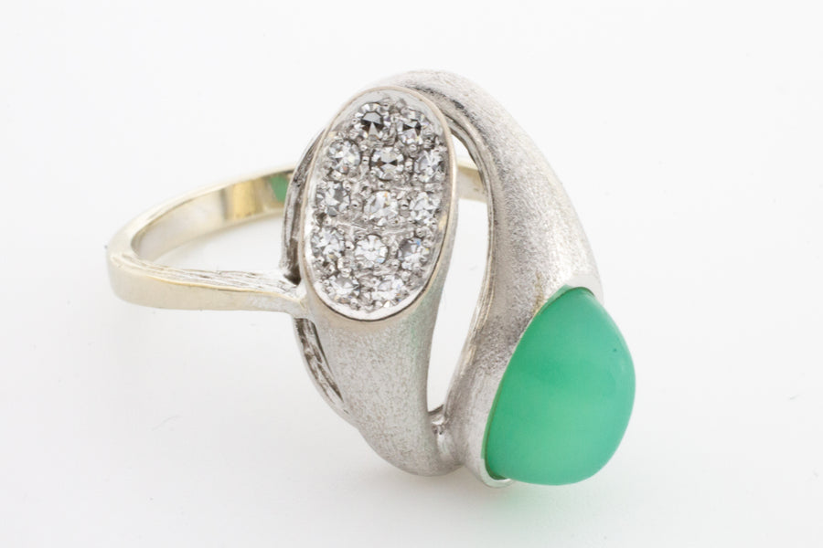 White gold ring with chrysoprase and diamonds-The Antique Ring Shop