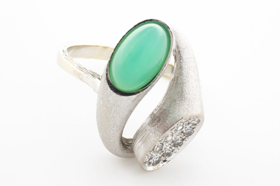 White gold ring with chrysoprase and diamonds-The Antique Ring Shop