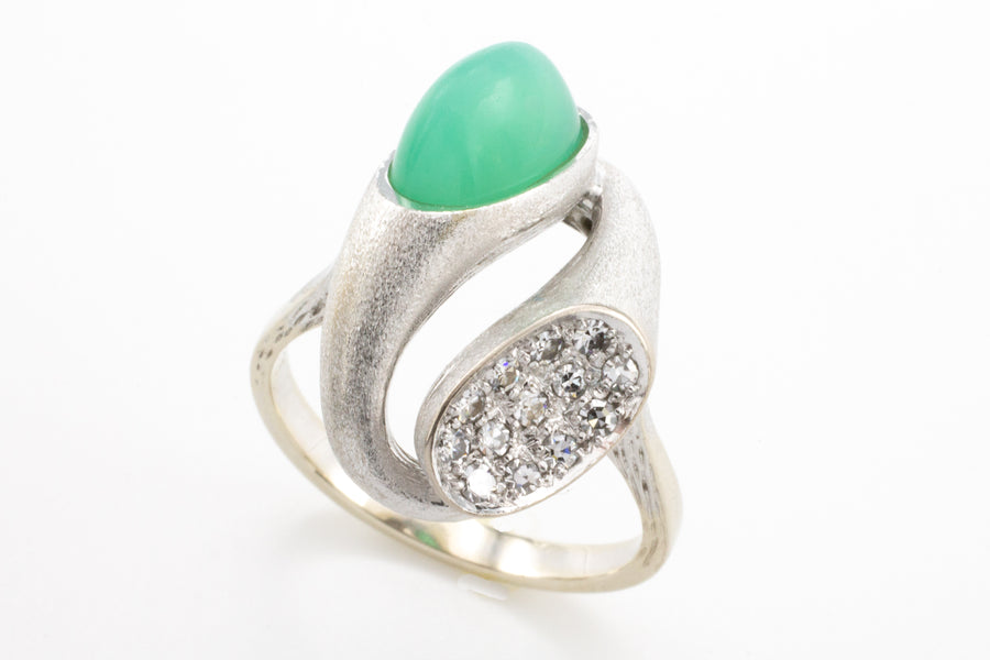 White gold ring with chrysoprase and diamonds-The Antique Ring Shop