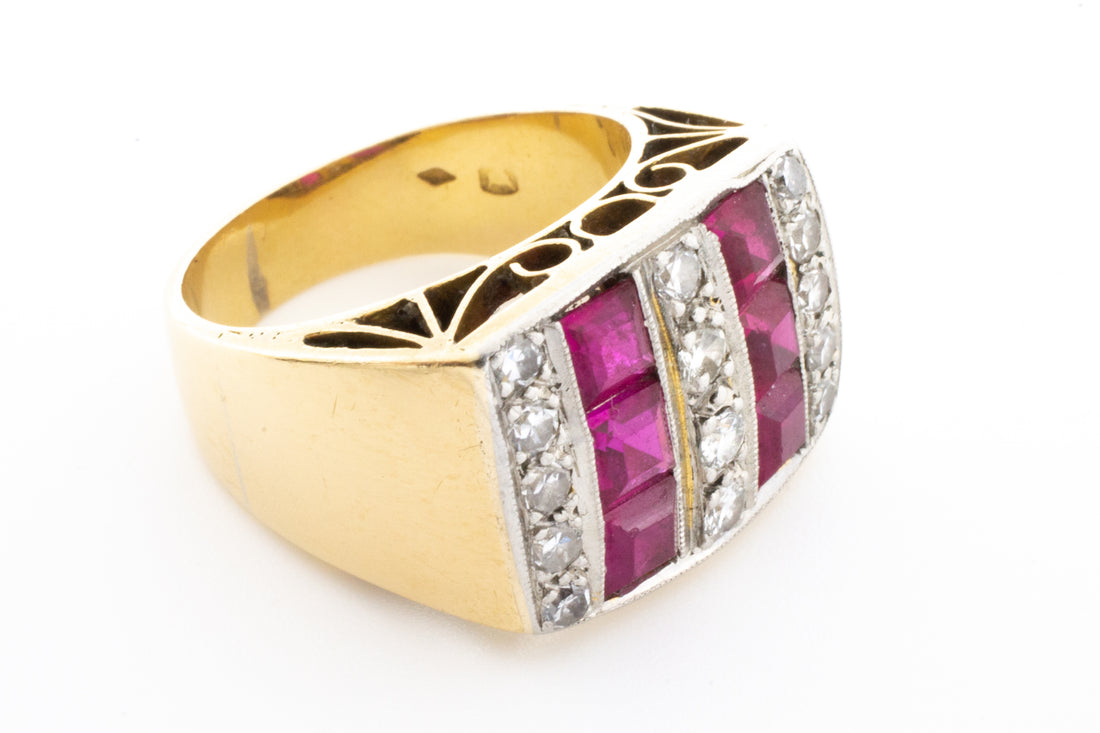 Vintage Art Deco style ring with synthetic rubies and diamonds-Vintage & retro rings-The Antique Ring Shop